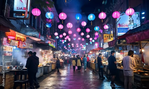 Night market street scene with colorful lanterns, food stalls, and crowds of people.