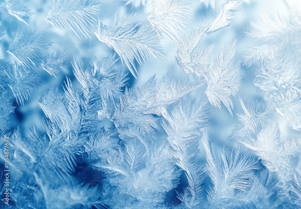 Obraz premium Beautiful frost patterns on a cold winter surface creating an intricate display of nature's artistry in delicate blue and white hues, evoking a serene atmosphere