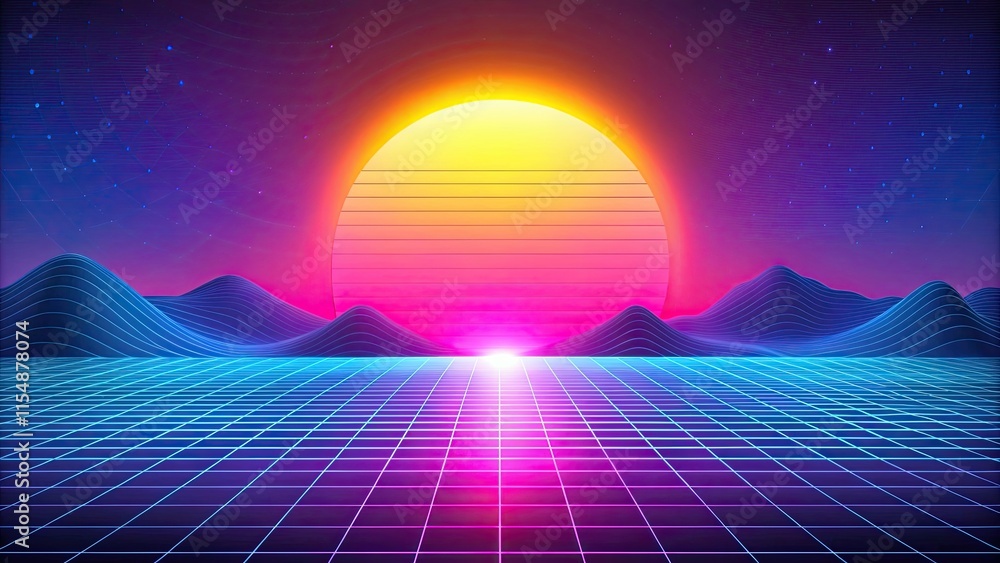 Retro Futuristic Synthwave Sunset Landscape with Vibrant Grid Retro Futuristic Synthwave Sunset Landscape with Vibrant Grid