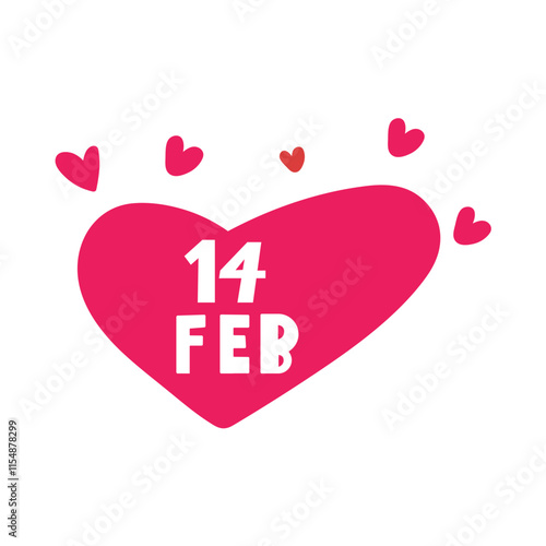 inscription - 14 Feb. Red heart. Valentine's Day design. Vector hand drawn illustration.