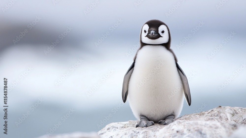 Obraz premium A Curious Penguin Chick: A young penguin chick stands on a snowy landscape, gazing inquisitively at the camera with a playful charm, capturing the innocence and wonder of wildlife.