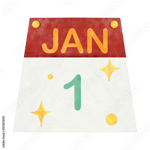 Hand drawn New year celebration first day of year calendar in watercolor style 