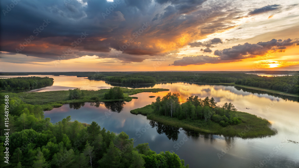 Serene wetland landscape, tranquil pond with lily pads, wading birds, lush vegetation, flowering bushes, Serene wetland landscape, tranquil pond with lily pads, wading birds, lush vegetation, flowering bushes,
