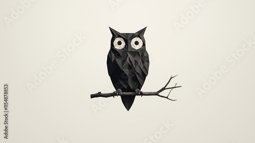 Geometric Owl on Branch: A minimalist, low-poly owl perched on a bare branch,  with large, white eyes against a simple background, representing wisdom, knowledge, and a touch of mystery.   photo