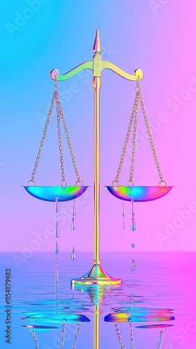 A vibrant, colorful scale symbolizes justice and balance, reflecting a serene water surface and a gradient background.