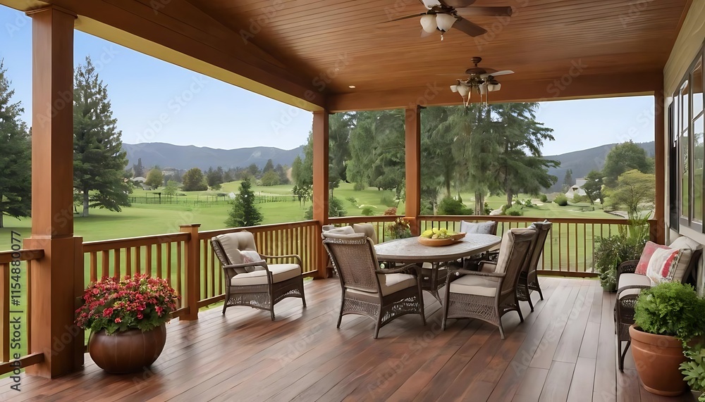 Obraz premium Rustic Porch Dining Set Scenic Golf Course View