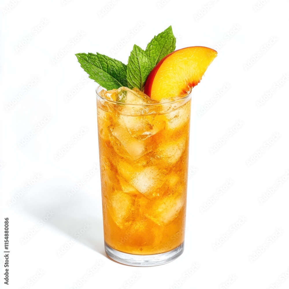 Elegant peach iced tea in a glass. Featuring peach slices and mint leaves Elegant peach iced tea in a glass. Featuring peach slices and mint leaves