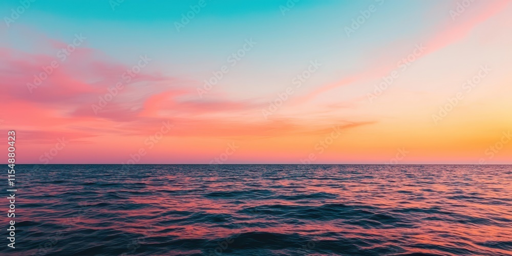 Obraz premium A serene sunset over the ocean, showcasing vibrant colors of pink and blue in the sky, reflecting on the gentle waves below.