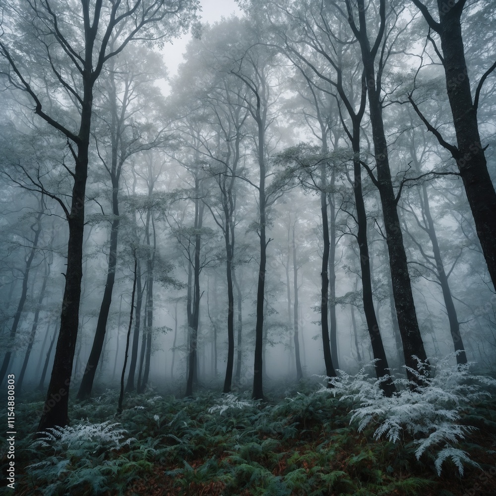 A minimalist enchanted forest with white glowing trees surrounded by thick mist. A minimalist enchanted forest with white glowing trees surrounded by thick mist.