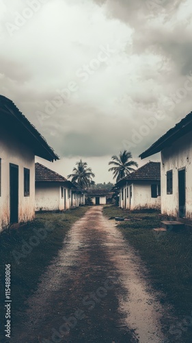 A deserted pathway between old white houses under a cloudy sky, evoking a sense of solitude and mystery in a rural setting.