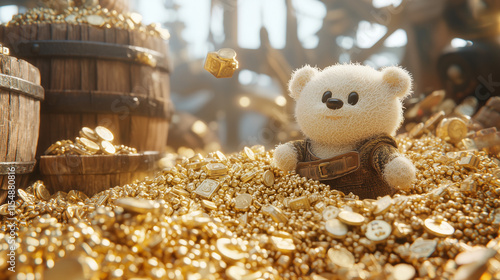 Teddy's Gold Rush: A charming plush teddy bear sits amidst a mountain of gold coins, surrounded by wooden barrels overflowing with treasure. A whimsical scene evoking feelings of joy, abundance. photo