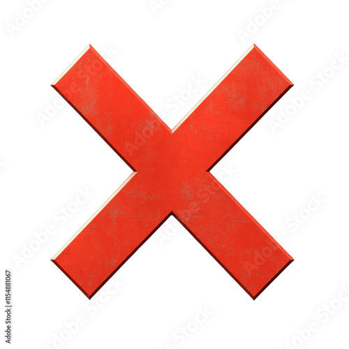 bold red X icon with textured surface, isolated on transparent background, symbolizing cross or cancelation mark. vibrant color and clear design make it stand out