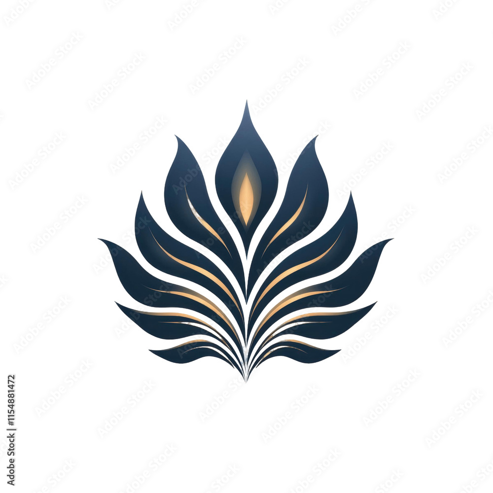 sleek, abstract logo design featuring stylized flame or leaf pattern in dark blue and gold tones, symbolizing elegance and sophistication. design is symmetrical and modern sleek, abstract logo design featuring stylized flame or leaf pattern in dark blue and gold tones, symbolizing elegance and sophistication. design is symmetrical and modern