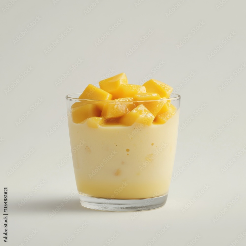 Exotic mango lassi in a glass. Featuring mango chunks and yogurt Exotic mango lassi in a glass. Featuring mango chunks and yogurt