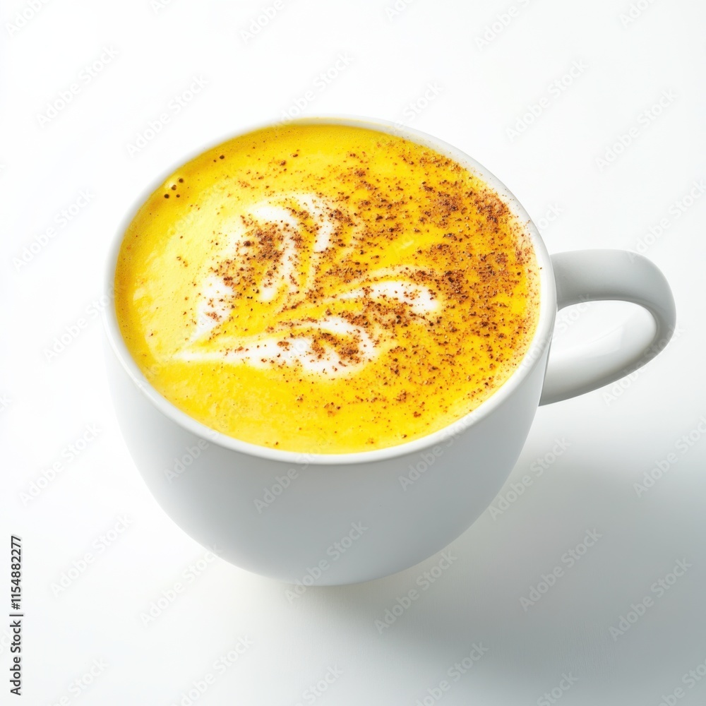 Exotic turmeric latte in a mug. Featuring turmeric, coconut milk, and cinnamon Exotic turmeric latte in a mug. Featuring turmeric, coconut milk, and cinnamon