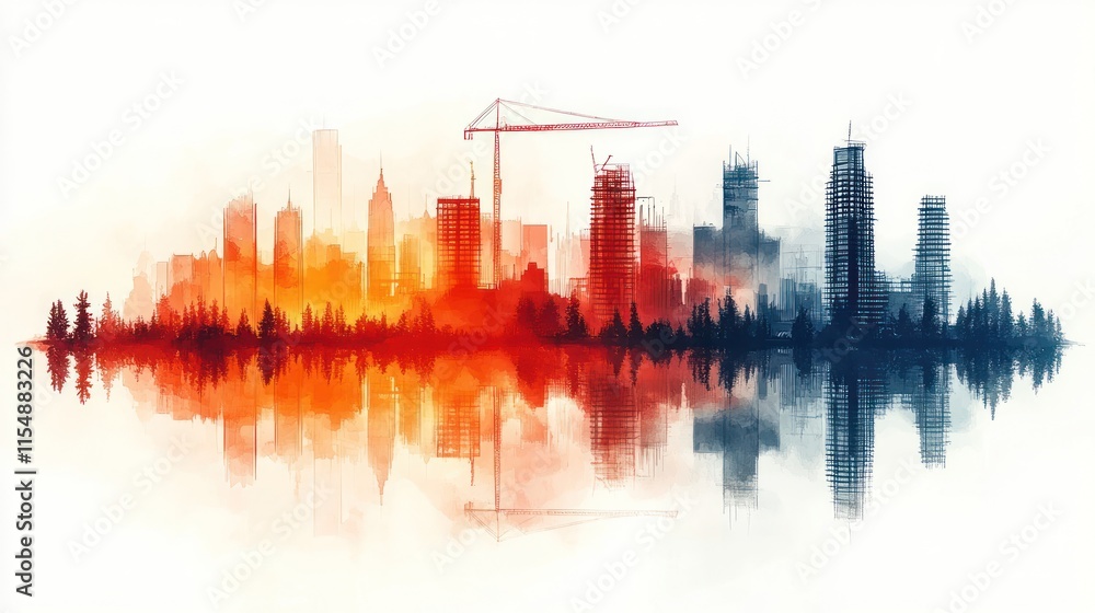 Fototapeta premium City skyline with cranes and reflections at sunset.