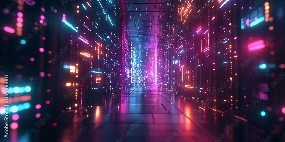 Fototapeta premium Futuristic neon-lit corridor, glowing lines and vibrant colors.