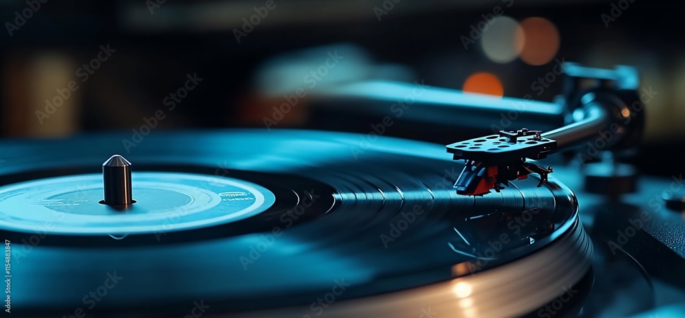 A close-up of a vinyl record playing on a turntable in a dimly lit room. A close-up of a vinyl record playing on a turntable in a dimly lit room.
