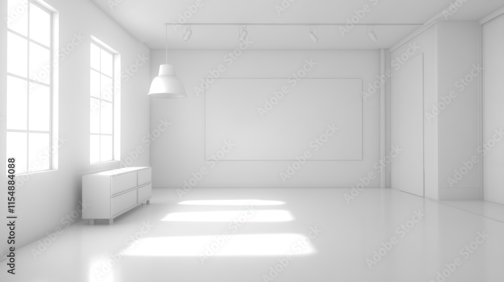 Minimalist white room interior with large blank canvas, sunlight, and simple furniture. Minimalist white room interior with large blank canvas, sunlight, and simple furniture.