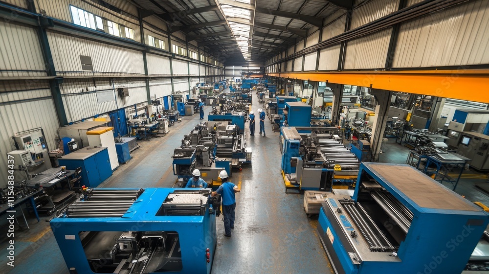 Naklejka premium High-angle view of a large factory floor with numerous machines and workers.