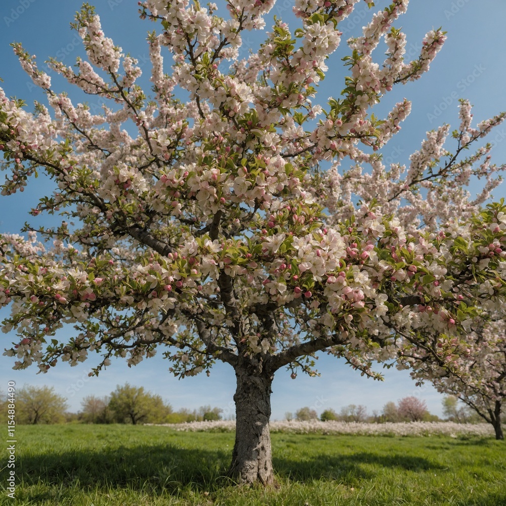 A vibrant apple tree, heavy with red apples, its lush green leaves standing out against a pure white background. A vibrant apple tree, heavy with red apples, its lush green leaves standing out against a pure white background.