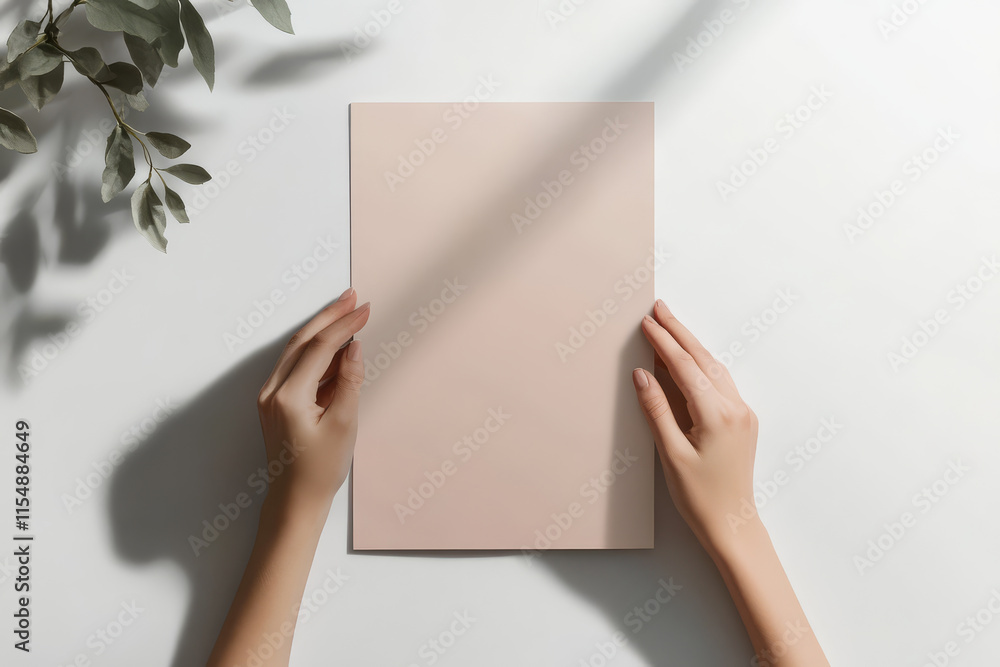 Minimalistic design featuring hands holding blank sheet of paper, surrounded by soft shadows and greenery, creating serene and elegant atmosphere Minimalistic design featuring hands holding blank sheet of paper, surrounded by soft shadows and greenery, creating serene and elegant atmosphere
