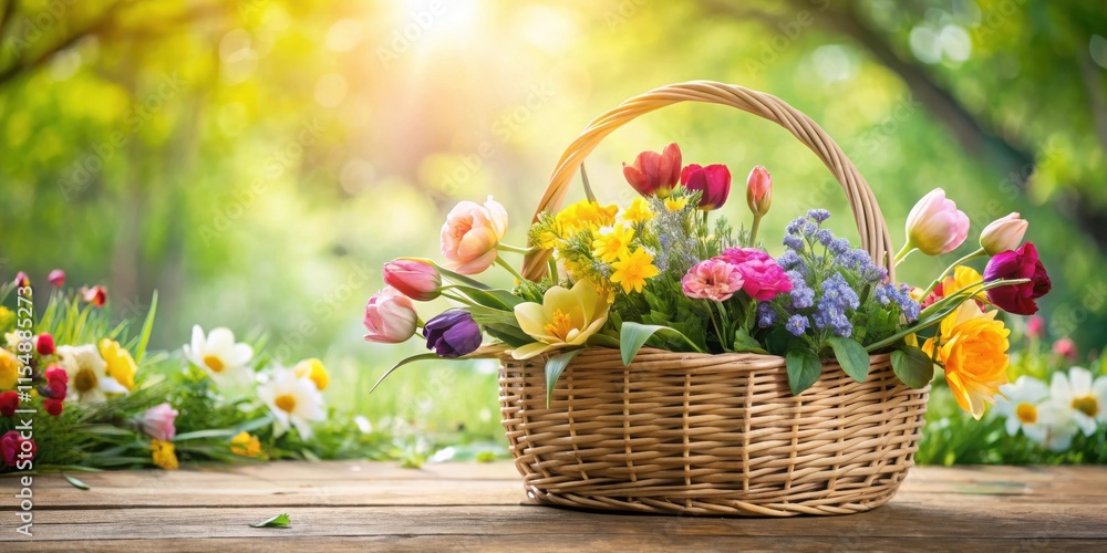 A wicker basket overflowing with vibrant spring flowers, bathed in sunlight, sits on a rustic wooden surface against a blurred natural background A wicker basket overflowing with vibrant spring flowers, bathed in sunlight, sits on a rustic wooden surface against a blurred natural background