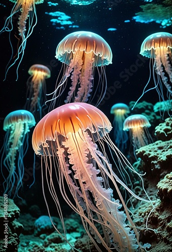 Neon jellyfish drifting through phosphorescent underwater caverns. photo