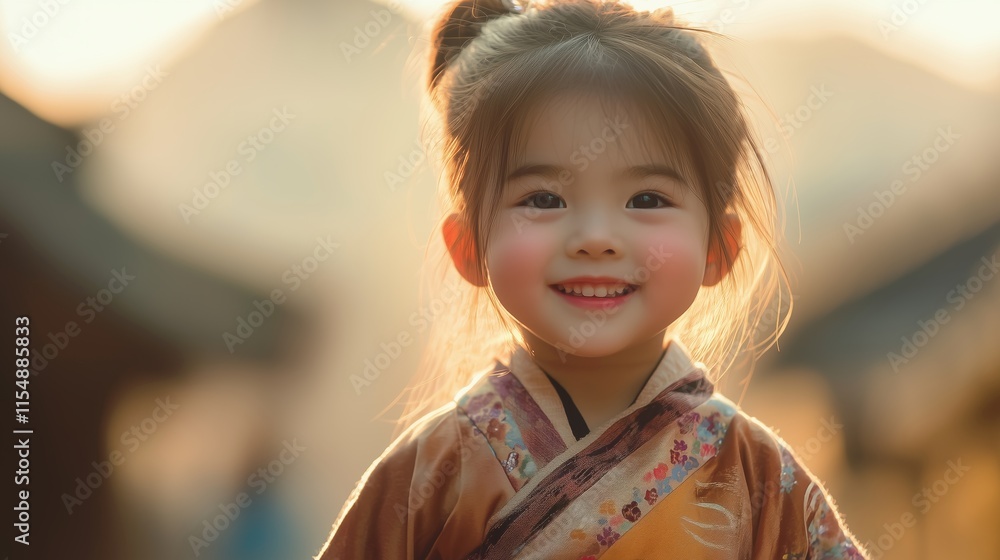 Portrait of cute little Chinese girl in traditional costume on blurred background. Portrait of cute little Chinese girl in traditional costume on blurred background.