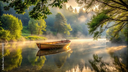 Serene sunrise mist over calm water with a wooden rowboat