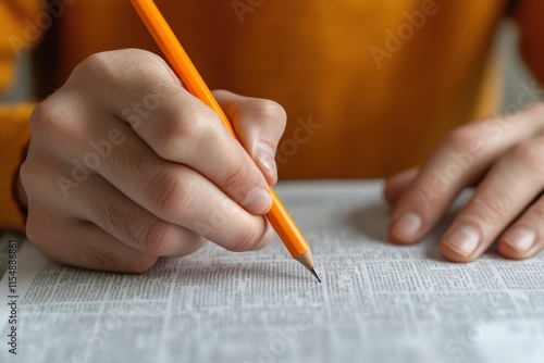 Close-up of a journalist highlighting key points in a notebook during an interview or investigation. photo