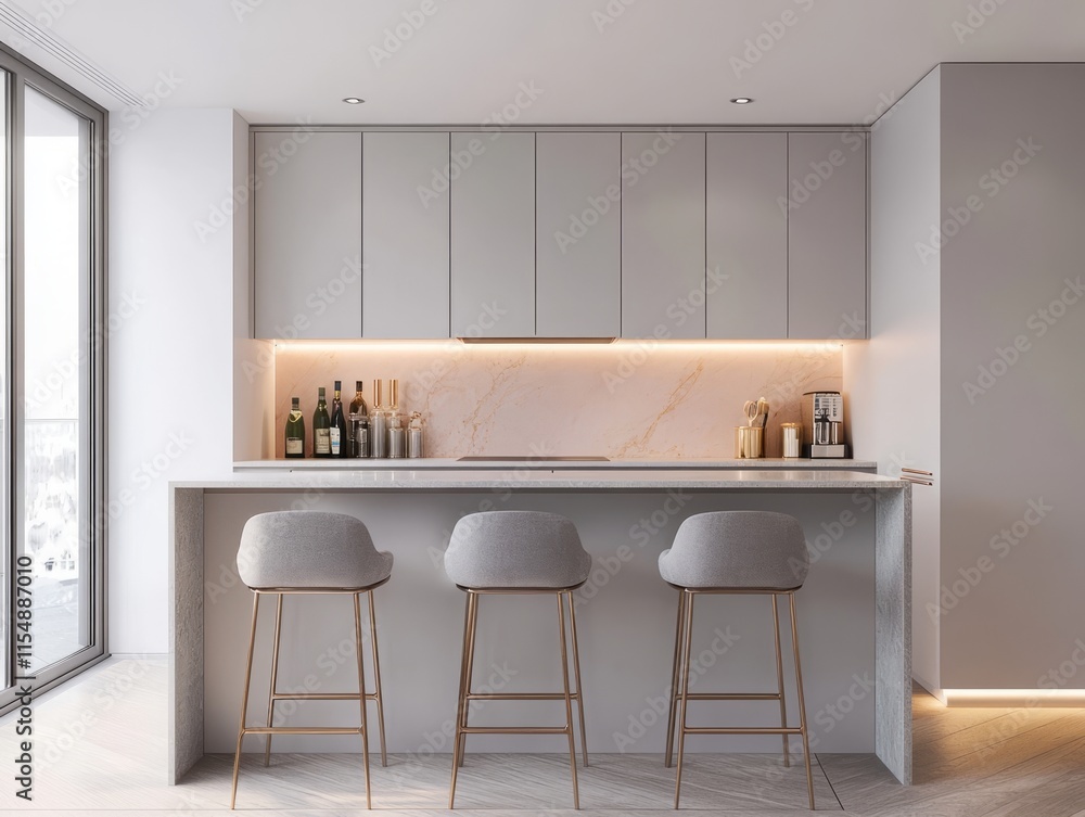 Fototapeta premium Modern Minimalist Kitchen Island with Bar Stools