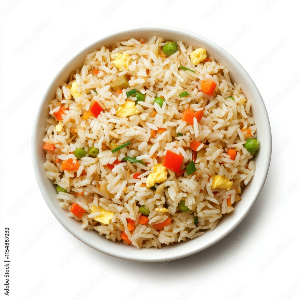 Fried rice served in a bowl. Featuring vegetables and eggs Fried rice served in a bowl. Featuring vegetables and eggs