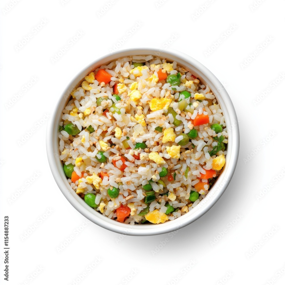 Fried rice served in a bowl. Featuring vegetables and eggs Fried rice served in a bowl. Featuring vegetables and eggs