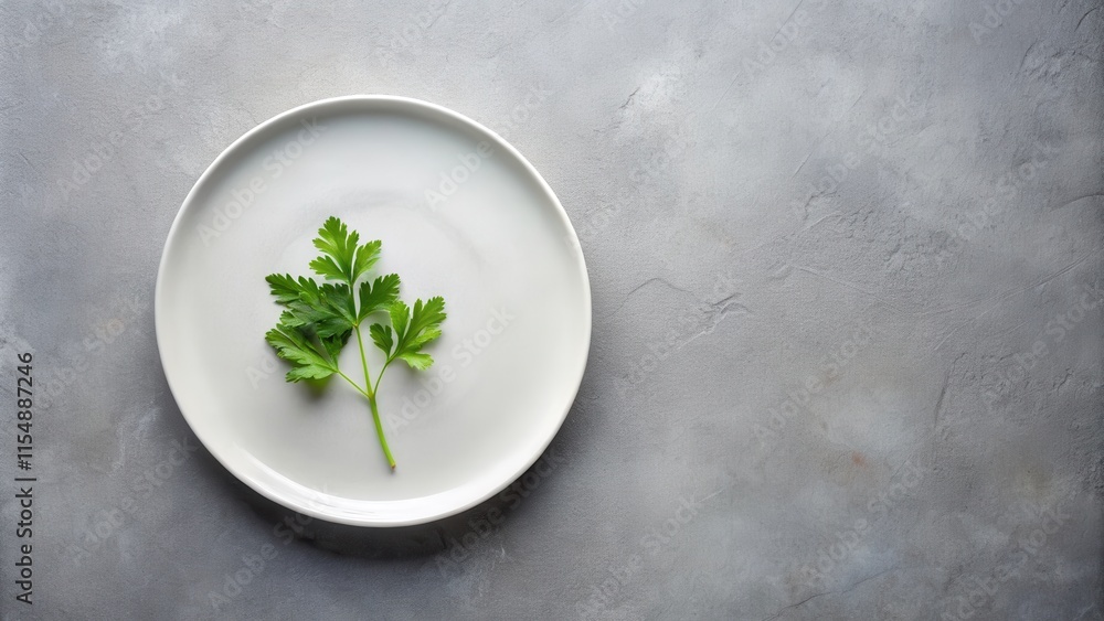 A single sprig of fresh parsley rests delicately on a pristine white plate, set against a subtly textured gray surface.