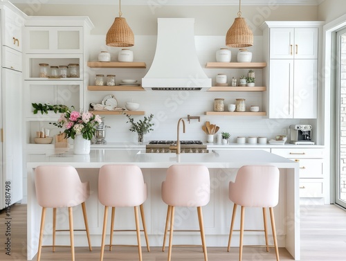 Bright White Kitchen Island with Pink Stools and Farmhouse Decor