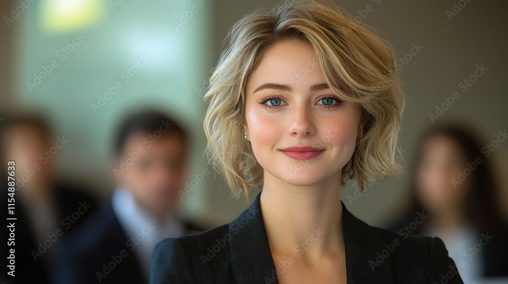 Fototapeta premium A woman with a short blonde hair and a black suit is smiling at the camera. Generative AI