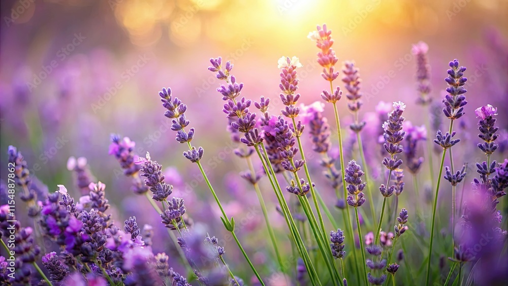 Serene Sunset Lavender Field A Close-Up View of Blooming Purple Flowers Bathed in Golden Light Serene Sunset Lavender Field A Close-Up View of Blooming Purple Flowers Bathed in Golden Light