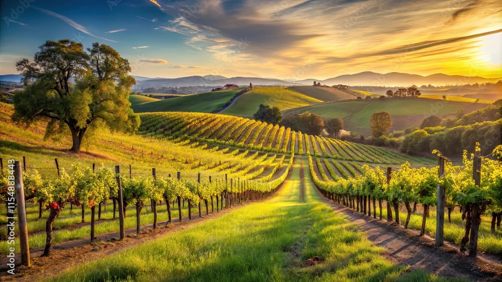 Naklejka premium Serene Vineyard Landscape at Sunset Rows of Grapevines Basking in Golden Light