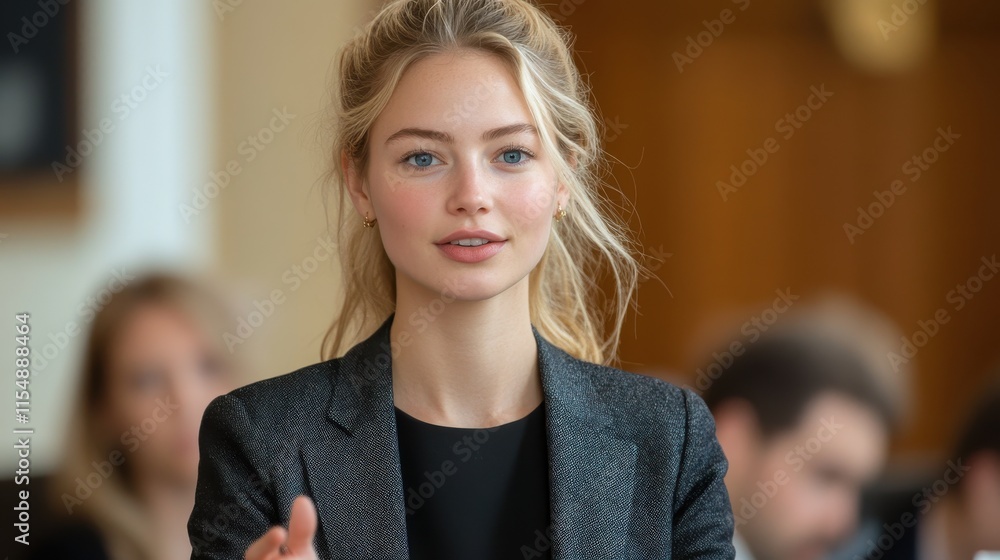 Fototapeta premium A woman with blonde hair and blue eyes is wearing a black jacket. Generative AI