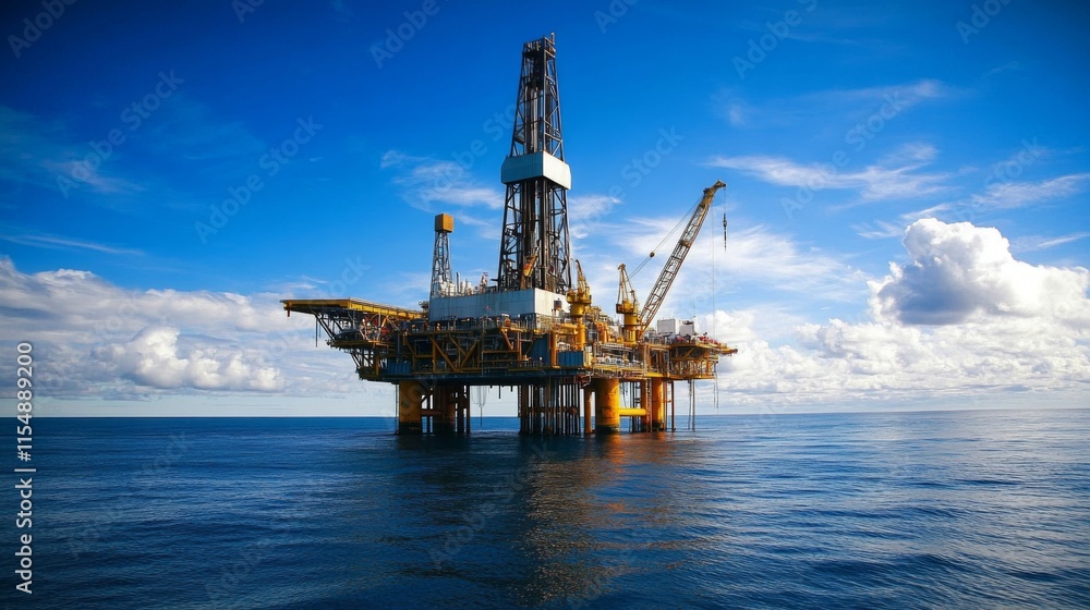 Offshore oil rig platform in ocean under blue sky. Offshore oil rig platform in ocean under blue sky.