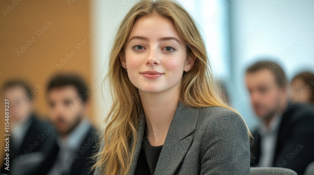 Fototapeta premium A woman with blonde hair is sitting in a room with other people. Generative AI