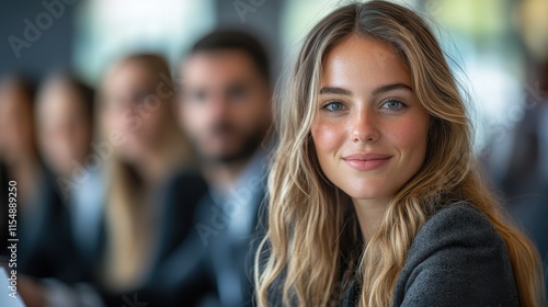 A woman with long brown hair is smiling at the camera. Generative AI