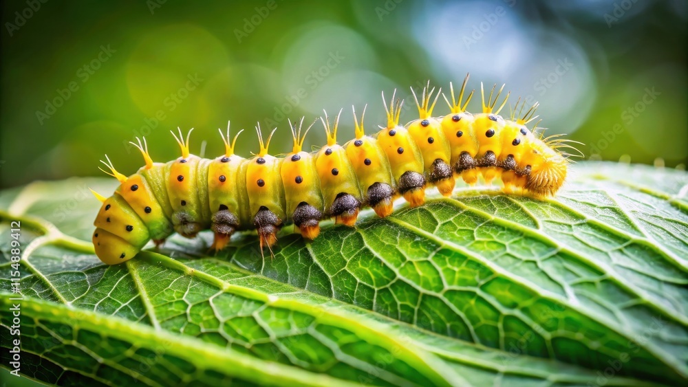 A vibrant green and yellow caterpillar with black spots crawls across a lush green leaf in a close-up detailed image A vibrant green and yellow caterpillar with black spots crawls across a lush green leaf in a close-up detailed image