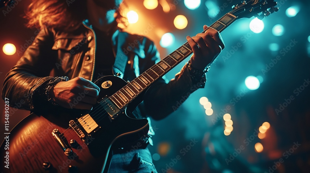 Obraz premium A guitarist performing on stage with vibrant lighting and energetic atmosphere.