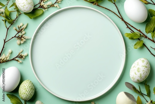 A Wonderful Spring Celebration Imagine a serene Easter scene, adorned with lush greenery and vibrant eggs, creating an enchanting atmosphere for all to embrace and enjoy together this season photo