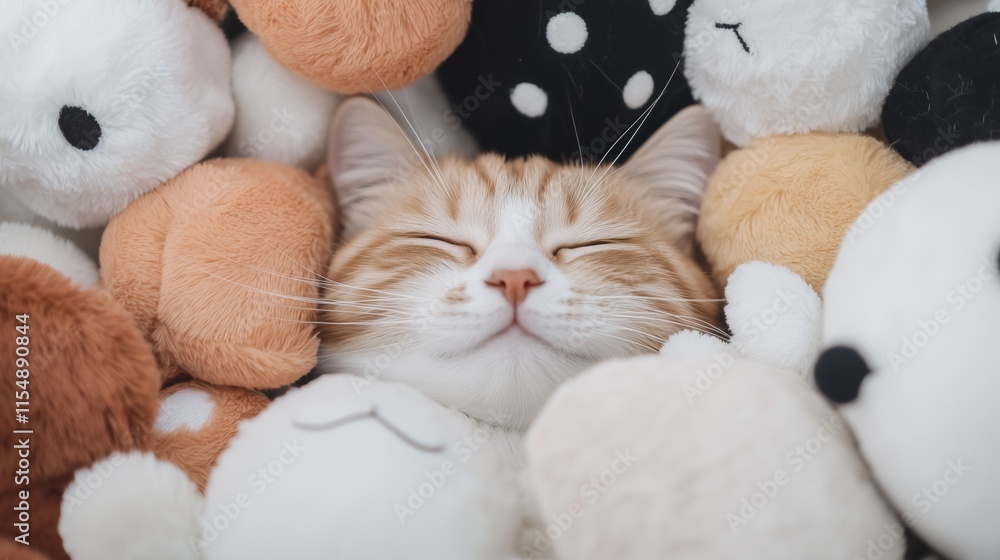 Fototapeta premium A cute cat surrounded by plush stuffed toys