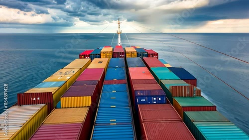 Vibrant Cargo Containers Stacked on a Ship Sailing Across a Tranquil Ocean Under an Expansive Sky During Midday