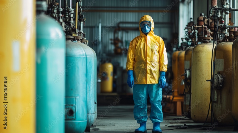 Scientist in hazmat suit inside industrial facility. Scientist in hazmat suit inside industrial facility.