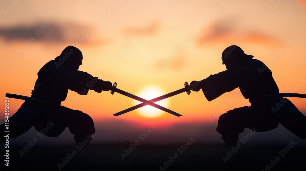 Clash and Impact Concept, Intense Clash of Two Samurai Warriors in Silhouette at Sunset with Swords Raised Dramatic Scene Clash and Impact Concept, Intense Clash of Two Samurai Warriors in Silhouette at Sunset with Swords Raised Dramatic Scene